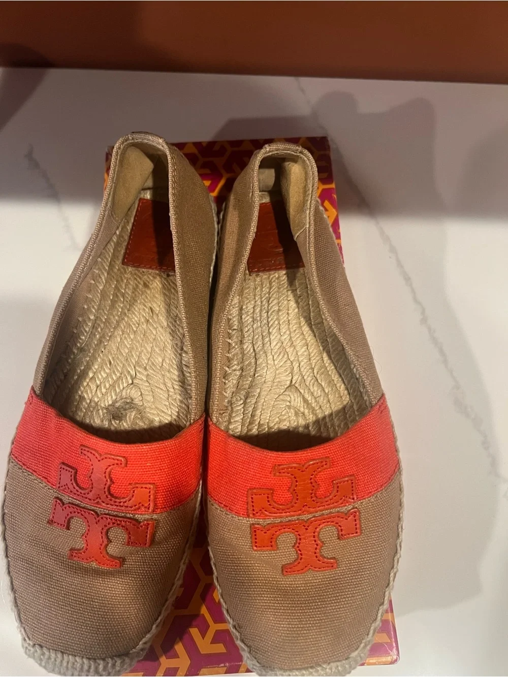 Tory Burch Tan Canvas Espadrille Flats with Coral Logo Band